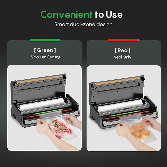 FRESKO Food Vacuum Sealer with Automatic Bag Detection, Double Heat Seal, Built-in Bag Roll Storage & Cutter, 2 Rolls Bags, Starter Kit