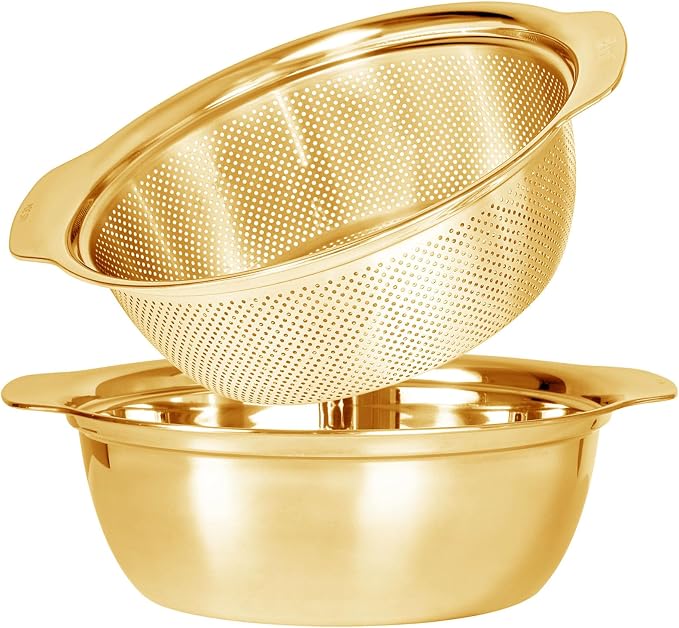Paoli 304 Stainless Steel Fine Mesh Colander Set, 5QT Large Capacity Strainer with Mixing Bowl — Rinse Fruits, Veggies, Rice & Drain Pasta, Dishwasher Safe (2-Piece Gold)