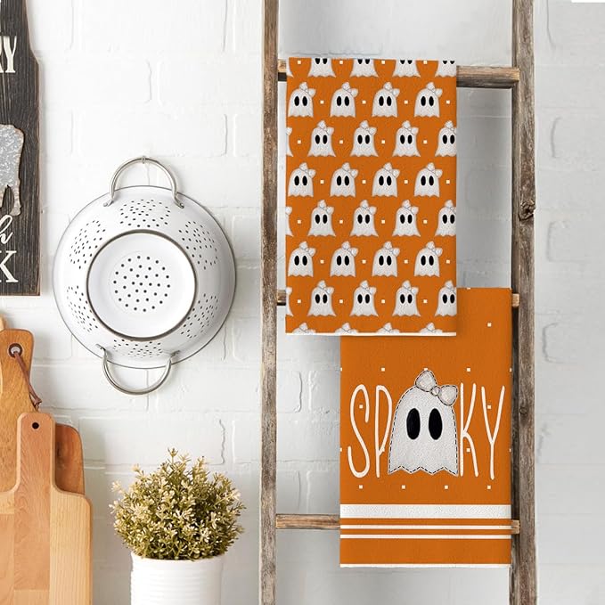 Artoid Mode Orange Ghost Halloween Kitchen Towels Set of 2 18x26 Inch | Spooky Bow Knot Hand & Dish Towels,Ultra Absorbent,Seasonal Farmhouse Decoration