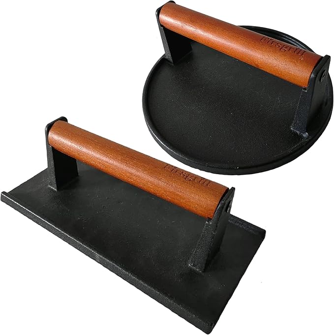 Burger Press 7.08" Round & 8.3”X4.3”Rectangle Heavy-Duty Cast Iron Smash Meat Steak With Wood Handle for Blackstone Camp chef Pitboss Weber Treager Griddle Grills (Round & Rectangle)