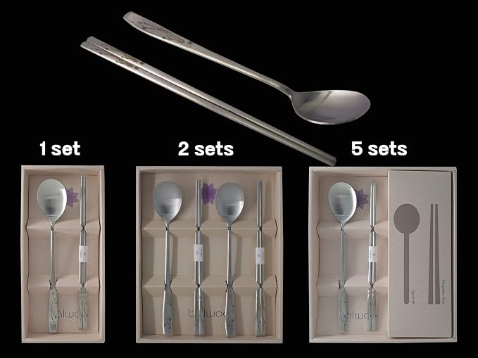 [1 Set] [Made in Korea] Orchid Design Korean Style Sticky Rice Spoon Chopsticks Set Silverware Set 304 Stainless Steel Cutlery Set Soup Spoon Ramen Chopsticks Flatware (1 Set)