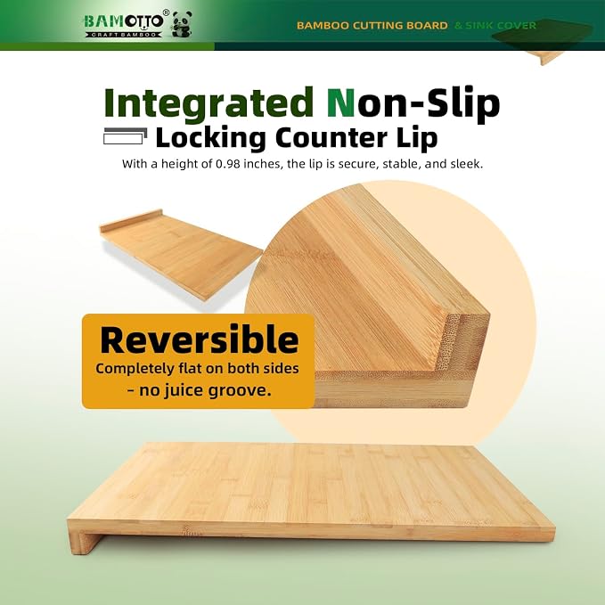 BAMOTTO CRAFTBAMBOO 12.5x20.4 Inch Bamboo Cutting Board Over Sink | Built-in Front Lip | Flat Both Sides | Non-Slip RV Camper Stove Cover | Chopping Board for Small Kitchen | 4.76 lbs