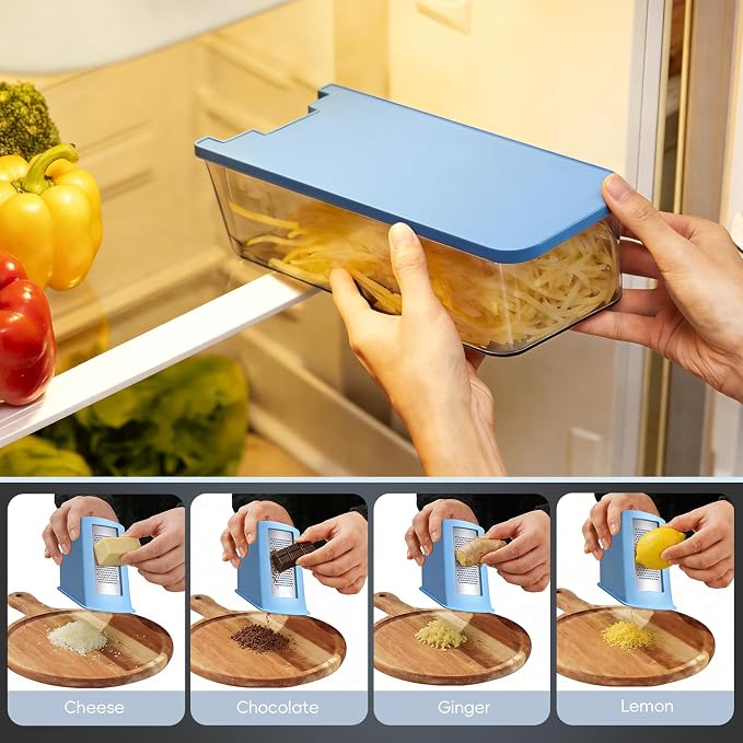 ONCE FOR ALL Safe Mandoline Slicer Pro, Food Slicer with Container, Blue | 4th Gen, 0.1-8mm Adjustable Kitchen Mandoline Slicer, Veggie Chopper Cutter For Potato Onion Fruit, Stainless Steel, Gift