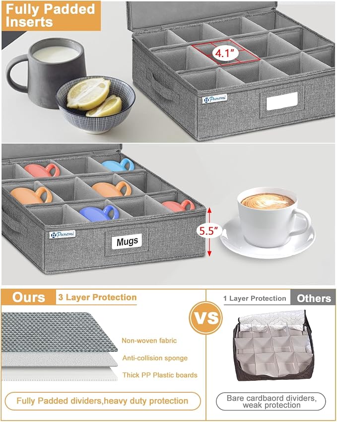 punemi Mug Storage Organizer, 2-Pack Hard Shell Boxes for Packing & Moving | Hard shell sides and bottom with padded dividers for a set of 12 mugs or tea cups; stackable for packing and moving