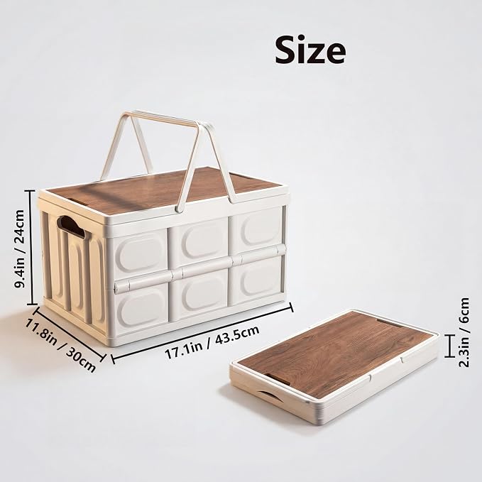 Collapsible Storage Bins with Lids, Camping Storage Box | 30L PP camping storage box with wooden lid, collapsible for campers, home storage, travel and outdoor organization.