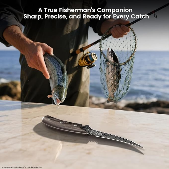 Fillet Knife, Razor Sharp 7.2 Inch Boning Knife, High Carbon Stainless Steel Filet Knives with High Flexibility, Wooden Handle, Full Tang Damascus Pattern Fishing Knives, Ideal Gift