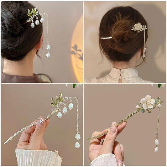2Packs Lily of the Valley Chinese Hair Sticks for Buns, Pearl Flower Vintage Metal Hair Chopsticks for Women and Girls Dangle Tassel Pendant Hair Accessories Hanfu Handmade Decor Hairpin (white)