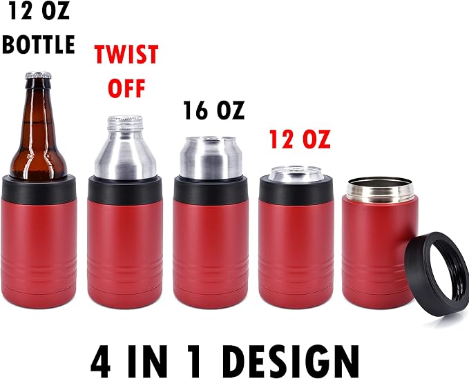 4-in-1 Stainless Steel 12 oz Double Wall Vacuum Insulated Can or Bottle Cooler Keeps Beverage Cold for Hours - Also Fits 16 oz Cans - Powder Coated Maroon - Clear Water Home Goods