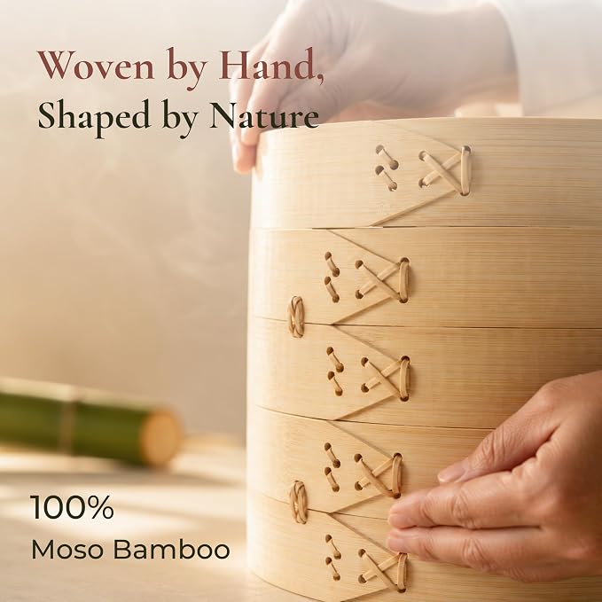 Bamboo Steamer Basket 8-Inch, 2-Tier Dumpling Steamer Cooking | Incl. Silicone Liners, Sauce Dish, Chopsticks - Small Steam Baskets - Food, Dim Sum, Bao Bun, Rice, Momo, Rice, Vegetables