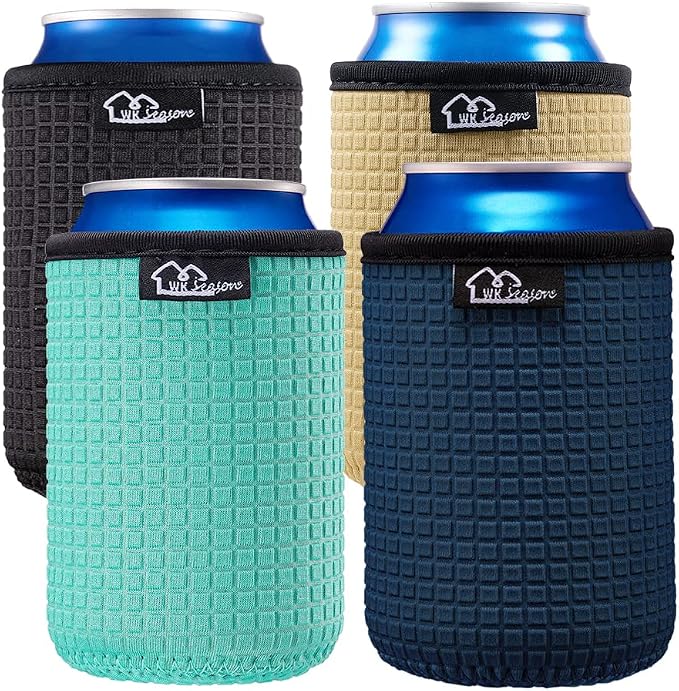 WKieason 12oz Standard Can Sleeves Insulators Sleeves Standard Can Covers 12OZ Beer Bottle Sleeves Coolers Holder Non-slip Neoprene Can Coolier Sleeves 4PC Pack (Black/Cool Mint/Dark blue/Khaki)