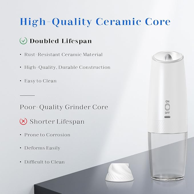 UNNEES Rechargeable Electric Salt and Pepper Grinder Set, Gravity Activated, Adjustable Coarseness, LED Light, USB Charging, Ceramic Core, 150ml Transparent Hopper, Black + White