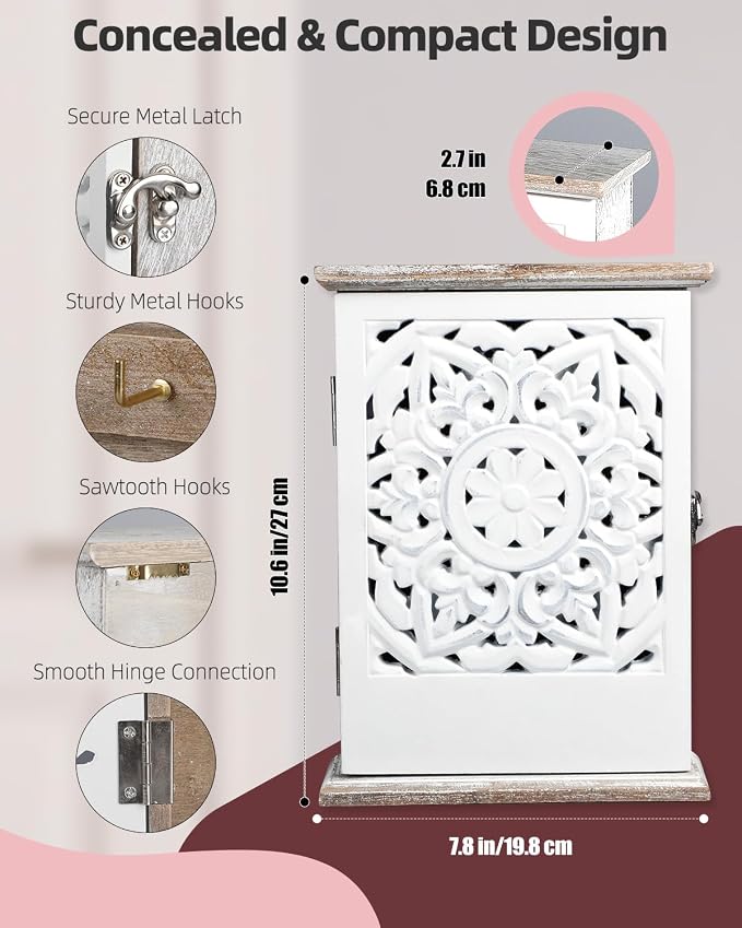 Uniclife Key Holder Wall Mount, Home Key Holder for Wall, Wooden Key Box Wall Mount, Small Wall Cabinet with Key Hooks, Key Hanger, Decorative Hanging Key Rack for Entryway & Office
