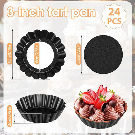 24 Pcs Mini Pie Tart Pans 3" with Removable Bottom Round Nonstick Quiche Pan Bakeware Egg Tart Molds Fluted Side Small Quiche Pans Steel Mini Pie Tins for Pies Mousse Cheese Cake Dessert