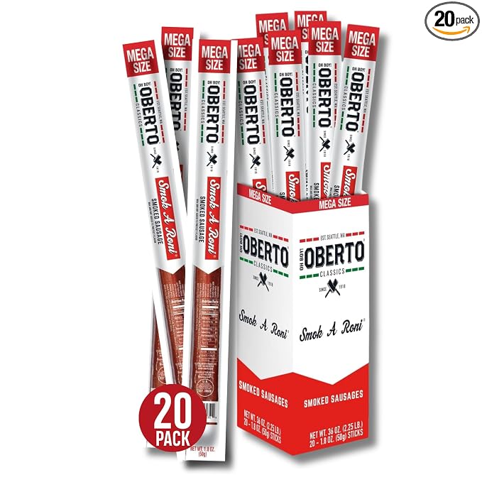 Oberto Classics Smok-A-Roni Smoked Sausage Mega Size, Oh Boy! Oberto Beef & Pork Sausage XL Meat Stick, Peperoni Style Protein Snacks, 1.8 Ounce (Pack of 20)