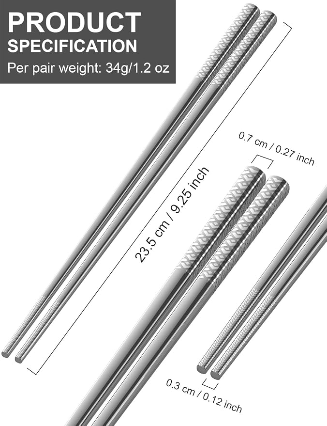 Metal Chopsticks Reusable 18/8 stainless steel Chopsticks 5 Pairs Modern Style Dishwasher Safe Lightweight Non-Slip Chop Sticks 9 1/4 Inches Present Set