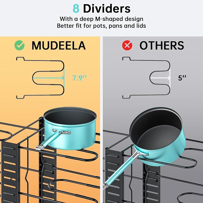 MUDEELA 8-Tier Lightweight pot and pan organizer for under cabinet, 16.6" H | 3 DIY Methods, Holds up to 12-inch cookware neatly, Adjustable Pot Pan Rack, Pot Lid holder for Kitchen, Easy Assembly