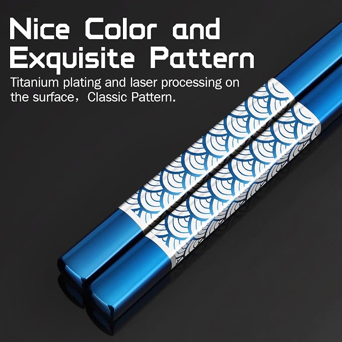 Reusable Titanium Plated Stainless Steel Chopsticks with Holder, Dishwasher Safe Lightweight Japanese Style Chopsticks Gift Set (Blue)
