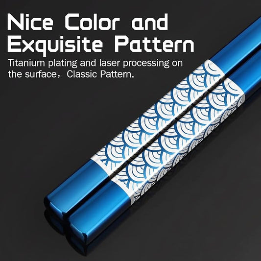 Reusable Titanium Plated Stainless Steel Chopsticks with Holder, Dishwasher Safe Lightweight Japanese Style Chopsticks Gift Set (Blue)
