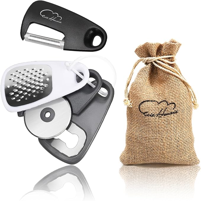 5 Pieces Kitchen Gadgets Set with Storage Bag, Cooking Gift Set | Space Saving Cooking Tools Accessories, Cheese Chocolate Grater, Peeler, Bottle Opener, Pizza Cutter, Stackable