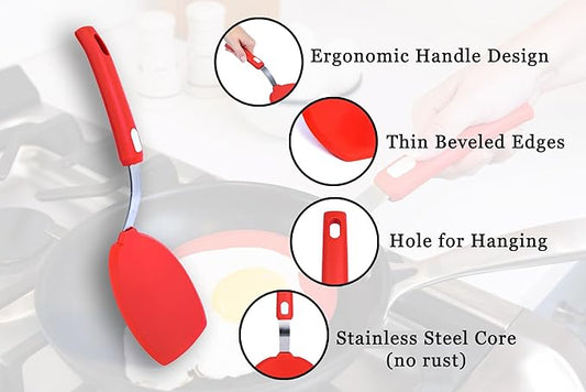 Silicone Pancake Spatula | Wide Beveled Edge Flipper with Stainless Steel Curved Handle | Heat Resistant Non-Stick Cooking