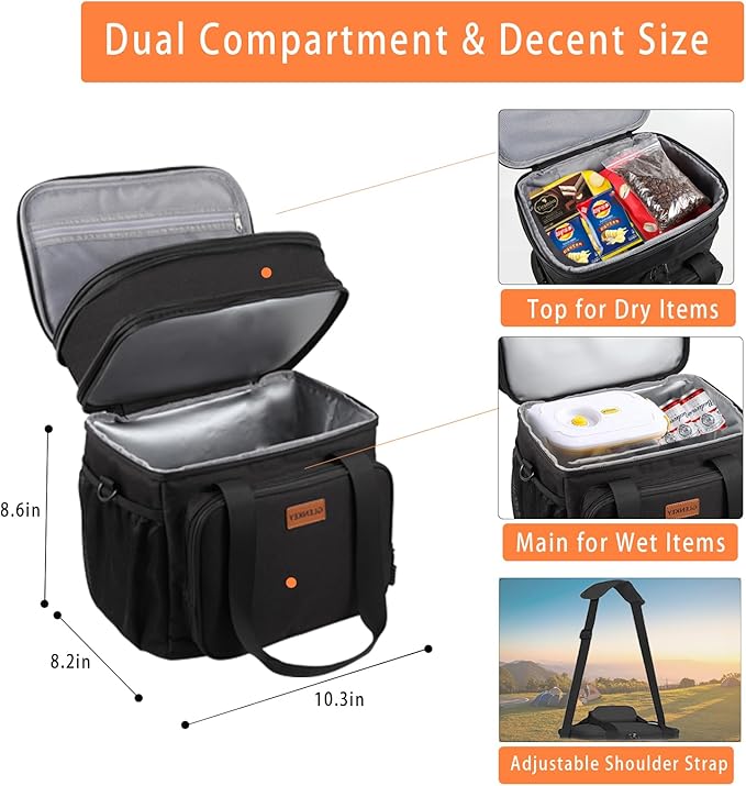 Expandable Lunch Box Cooler Bag - Insulated Soft Lunch Bag for Men Women - Large Lunchbox for Adults Work Camping Outdoor Travel Black 16L