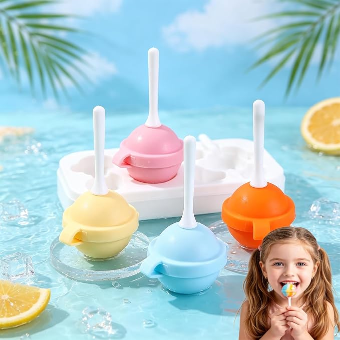 Silicone Lollipop Ice Cream Maker Molds,Colorful Diy Popsicle Molds for Kids,Creative Sphere Ice Pop Mold for Summer Parties, Reusable Popsicle Molds Easy Release(4pcs)