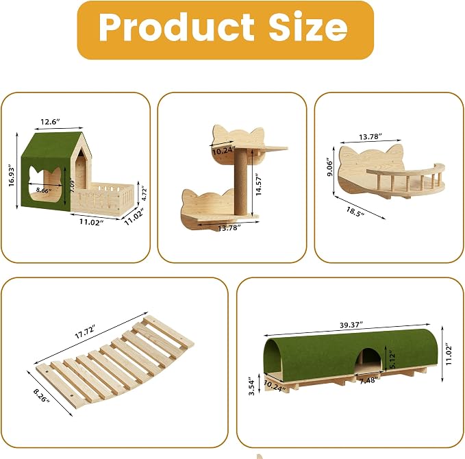 16-in-1 Cat Wall Shelves, Solid Pine Wood Cat Climbing System with Tunnel, Perch, Bridge, Condo and Sisal Scratching Post, Indoor Wall-Mounted Furniture for Cats
