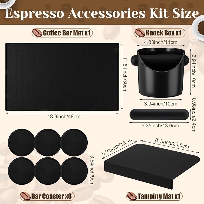 9 Pcs Espresso Knock Box Kit 18.9" x 11.8" Silicone Coffee Mat Espresso Tamping Mat with Coffee Station Organizer Removable Rod 6 Coasters Under Machine Accessories Set for Home Barista