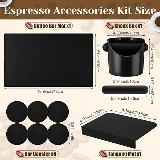 9 Pcs Espresso Knock Box Kit 18.9" x 11.8" Silicone Coffee Mat Espresso Tamping Mat with Coffee Station Organizer Removable Rod 6 Coasters Under Machine Accessories Set for Home Barista