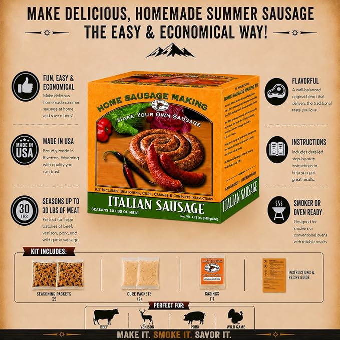 Hi Mountain ITALIAN Sausage Kit | Makes up to 30 lbs | Complete sausage making kit with cure, natural hog casings & directions. Perfect for pork, beef, venison, deer, & elk