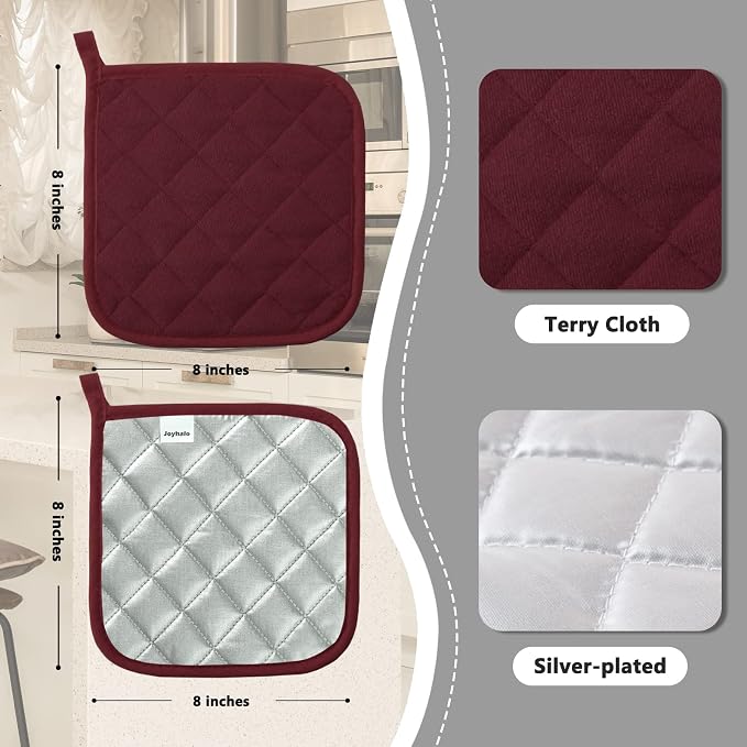 Joyhalo 6 Pack Pot Holders for Kitchen Clearance | Cotton Oven Holder with Great Heat Resistance, Potholders Sets for Kitchen, Countertops, Hot Pots and Pans, Dark Red