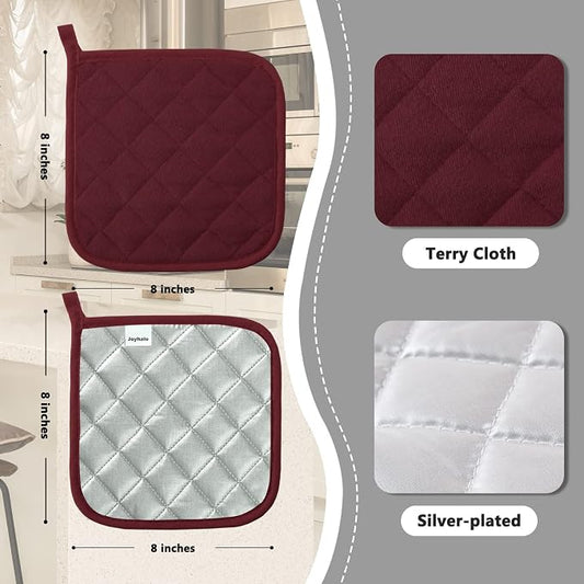 Joyhalo 4 Pack Pot Holders for Kitchen Clearance | Cotton Oven Holder with Great Heat Resistance, Potholders Sets for Kitchen, Countertops, Hot Pots and Pans, Dark Red