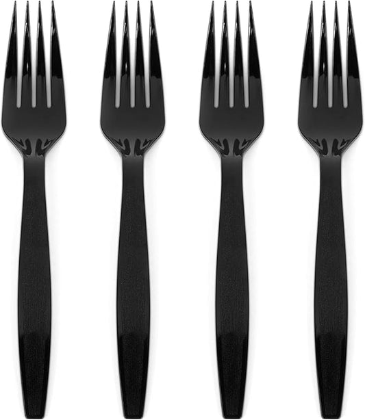 Prestee 100 Black Plastic Forks Heavy-Duty, Heavyweight Plastic Silverware Forks, Fancy Cutlery, Elegant Disposable Forks Pack, Bulk Disposable Flatware, Christmas Holiday Plastic Utensils Set
