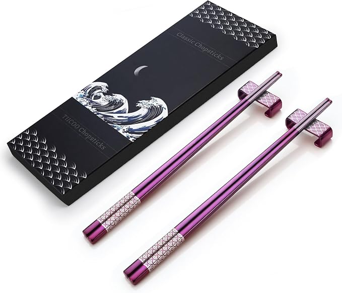Metal Chopsticks Reusable 2 Pairs Titanium Stainless Steel 18/8 Chopsticks with Holder, Dishwasher Safe Lightweight Japanese Style Chopsticks Gift Set (Purple)