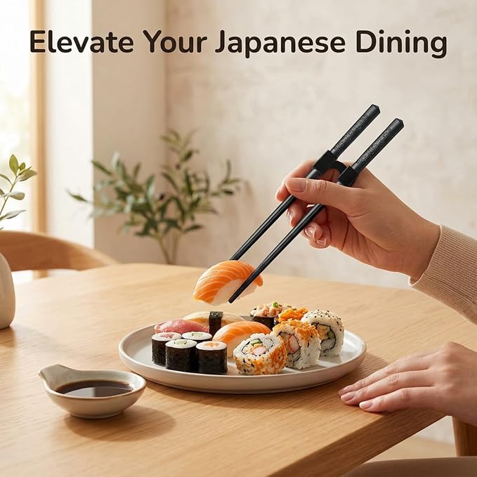 Fiberglass Training Chopsticks Set of 8 Pairs, Chop Sticks Reusable Dishwasher Safe with Chopsticks Helper for Beginners Kids&Adults, Non-Slip Durable Black Chopsticks for Sushi/Noodles/Daily Use