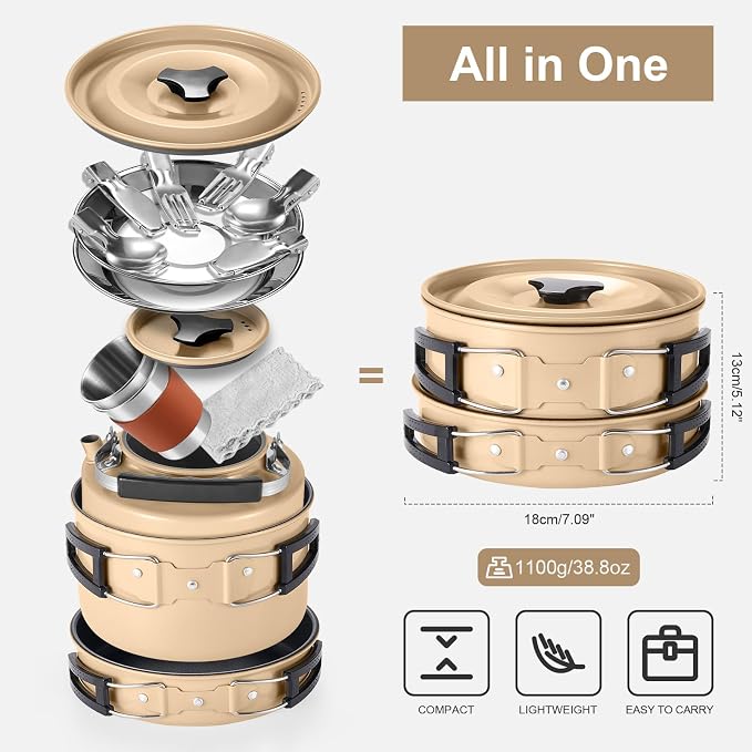 Odoland 15pcs Camping Cookware Mess Kit, 1.9L Pot, for Camping, Backpacking | Anodized aluminum, for hiking, outdoor cooking and picnic, 1.9L pot 0.8L kettle 0.86L pan mess kit, little compact pot set