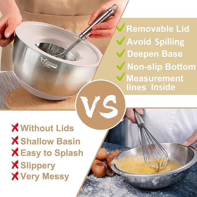Wildone Mixing Bowls with Airtight Lids, 27 PCS Stainless Steel Nesting Bowls, with 3 Grater Attachments, Scale Mark & Non-Slip Bottom, Size 5, 4, 3, 2, 1.5, 1, 0.63QT, Ideal for Mixing & Prepping | Metal Bowls with 3 Grater Attachments, Non-Slip Botto...