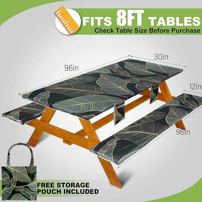 Wrakus Picnic Table Cover with Bench Covers Vinyl Elastic Edges Fitted Rectangle Seat Tables Waterproof 3-Piece96X30in Set Outdoor Rectangular Folding Backing Tablecloth for Camping Over Size