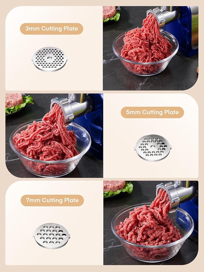 Electric Meat Grinder, Sausage Stuffer with 3 Sausage Tubes, 2 Blades, 3 Plates, 3200W Max, Meat Grinder Heavy Duty for Home Kitchen Use, Stainless Steel (Blue)