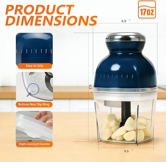 Brigii Electric Garlic Mincer & Onion Chopper, 17oz Mini Food Processor | 250W motor, one-touch control, stainless steel S-blades, chops, minces, grinds, whisks