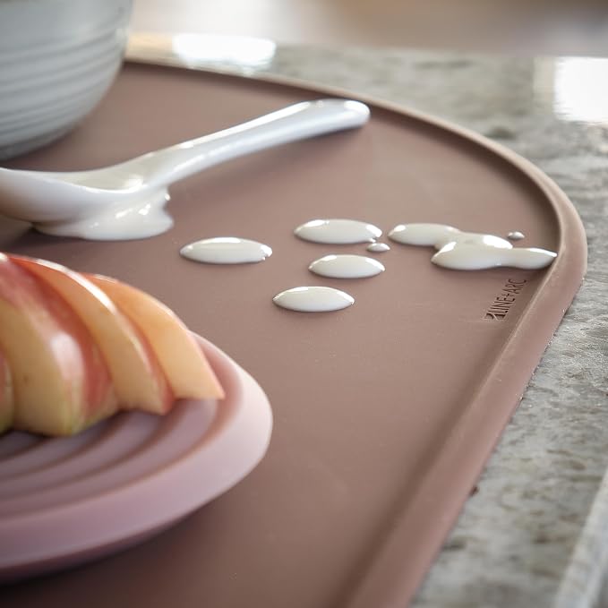 LINE+ARC Oval Silicone Degrē Placemats, Rose (20.5"x13", Set of 2) | Modern dining table mats with 3mm raised spill rim, waterproof, heat-safe, stain-resistant, non-slip design, pink