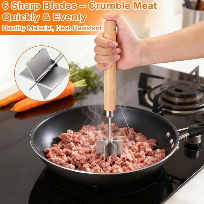 Palksky Meat Chopper Stainless Steel, 6 Curve Blades Meat Masher, 11 Inch Ground Beef Chopper Tool & Hamburger Smasher, Meat Pounder & Multi-Purpose Kitchen Tool