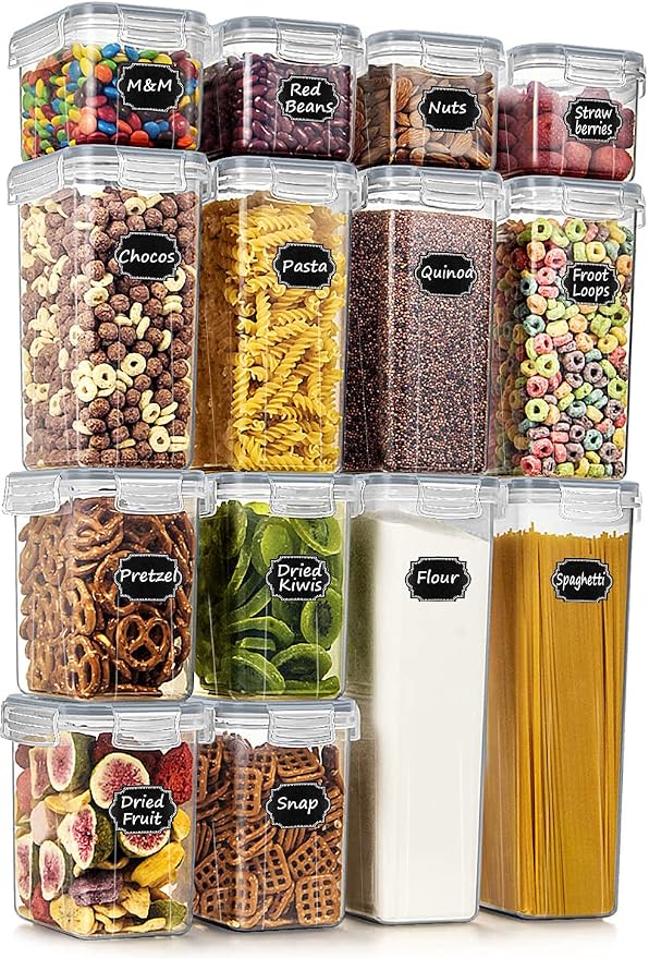 Wildone Airtight Food Storage Containers with Lids, 14PC Plastic Kitchen Containers Storage Set for Pantry Organization and Storage, Cereal, Flour and Sugar Containers, Include 20 Labels & Pen