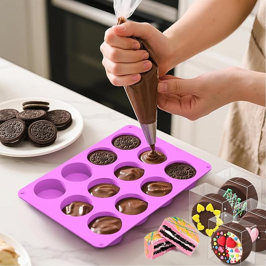 MGWOTH Chocolate Covered Mold Set: 3PCS Silicone Cookie Mold with 50 Clear Treat Boxes, Round Baking Mold for Oreos,Candy, Rice Crispy, Mini Cake, Individually Wrapped Cakesicle Party Favor Packaging