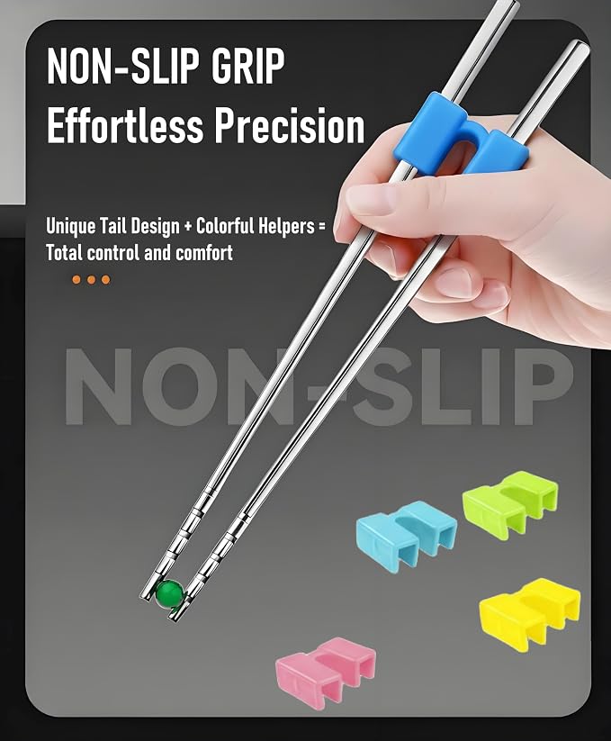 Metal Chopsticks with Training Chopstick Helpers - 18/8 Premium Reusable Non-Slip & Lightweight 9 1/4 Inch Stainless Steel Chopsticks, Dishwasher Safe, Furniture Kitchen Premium Gift Set (Silver)