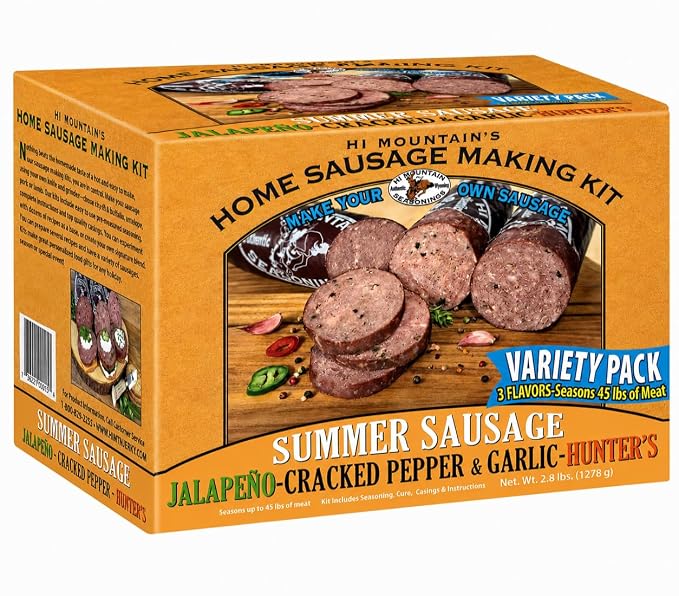 Hi Mountain VARIETY PACK Summer Sausage Kit | JALAPENO, CRACKED PEPPER & GARLIC & HUNTER'S BLEND. Seasoning, cure & 15 casings. Beef, venison, deer, elk. Up to 45 lbs