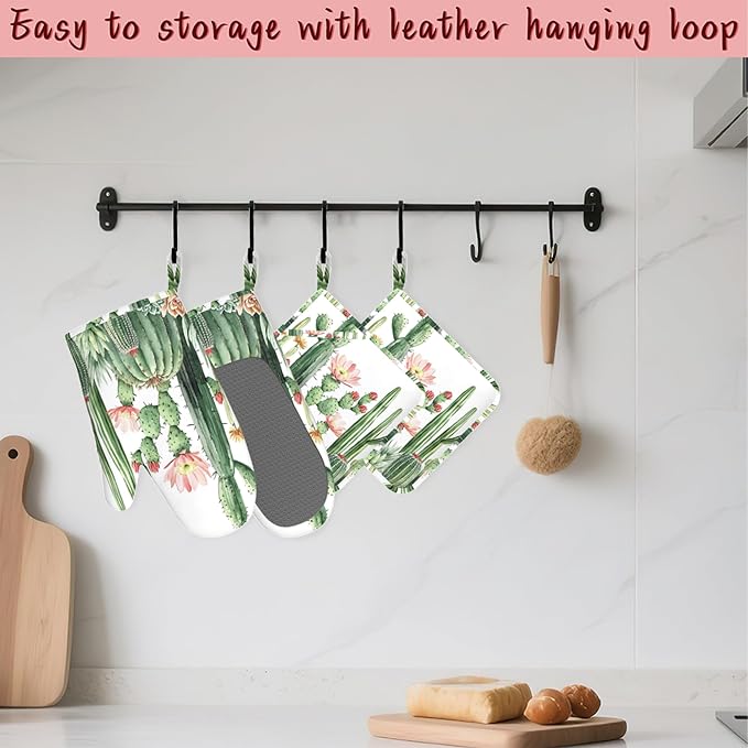 Cactus Succulent Greenery Flower Heat-Resistant Silicone Oven Mitts and Pot Holder 4 Piece Set,Non-Slip Kitchen Oven Gloves for Baking, BBQ, Cooking,Grilling