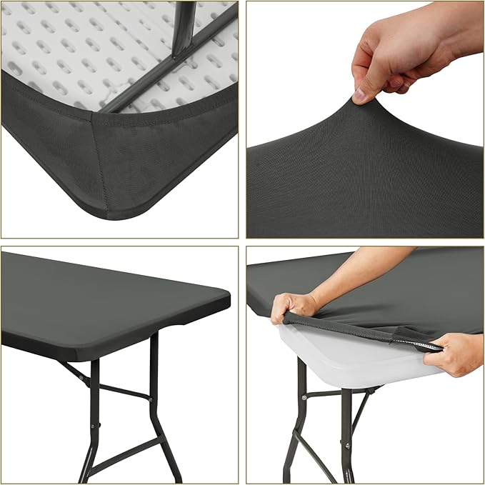 10 Pack Stretch Fabric Table Top Cap Cover, fits 8' Tables, Spandex Table Covers Washable Elastic Rectangle Tablecloth Protector for Indoor Outdoor Party Picnic Wedding, Gray, 30" W x 96" L