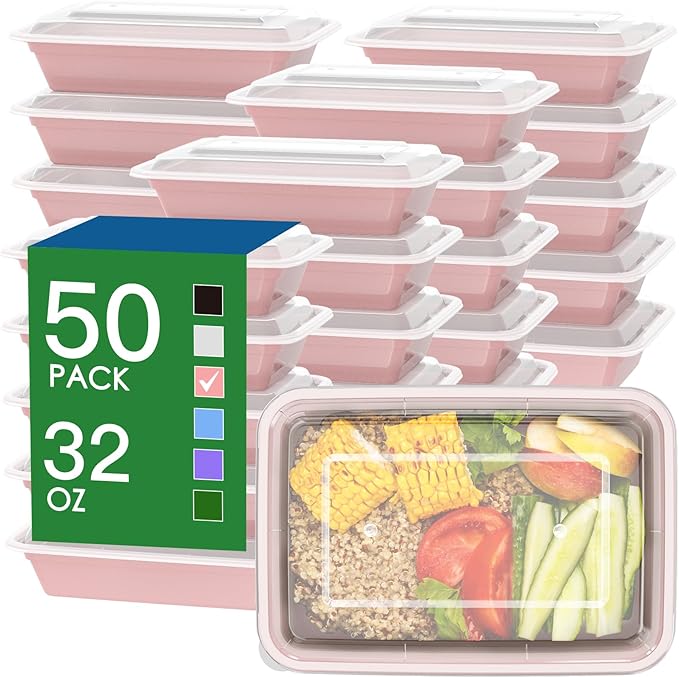50 Pack (100-Piece) 32 oz Meal Prep Containers with Easy Open Lids, Pink | Sturdy Leakproof & Food Safe, Microwave, Freezer, Dishwasher Safe Prep Containers, To Go Take Out Plastic Food Storage