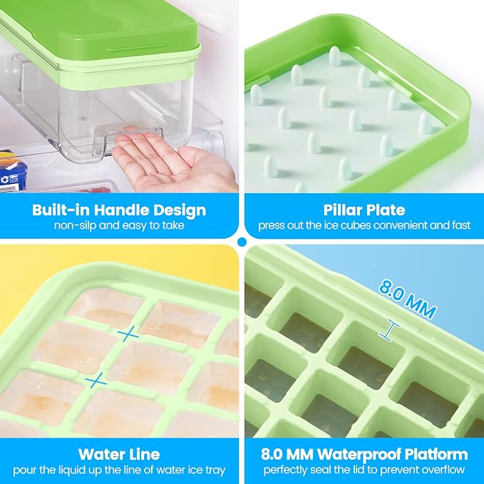1.0" Ice Cube Trays for Freezer, PHINOX Ice Tray, 2-Tier(32Cubes/Tier)Green